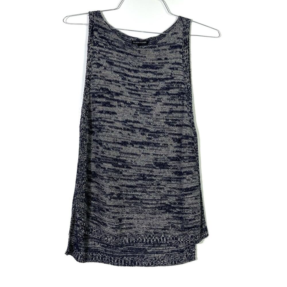Eileen Fisher Navy and White Organic Linen Sweater Tank Top XS EUC
